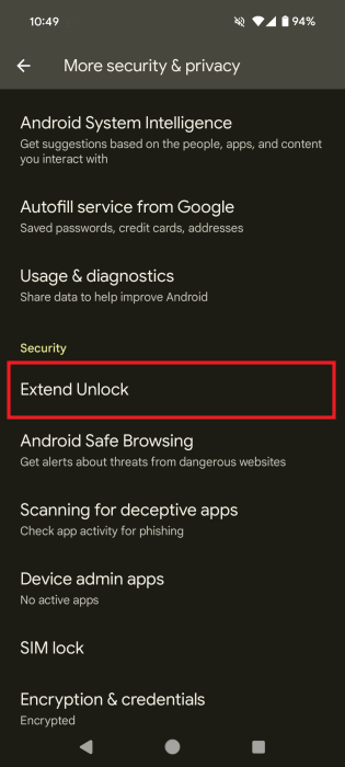Нажатие на опцию «Extend Unlock» в настройках Android.
