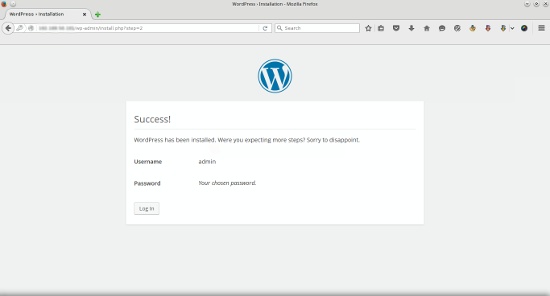 Успешный экран входа в WordPress