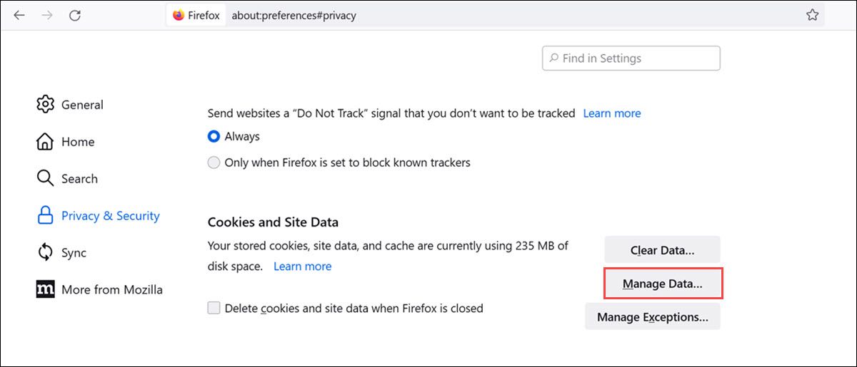 Кнопка управления данными в разделе cookie и данных сайтов в Firefox