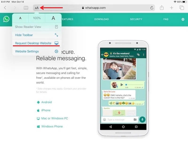 Опция «Запросить версию для компьютера» в Safari на iPad