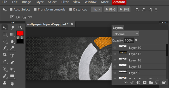 Интерфейс Photopea после загрузки PSD: видна панель слоёв и меню File