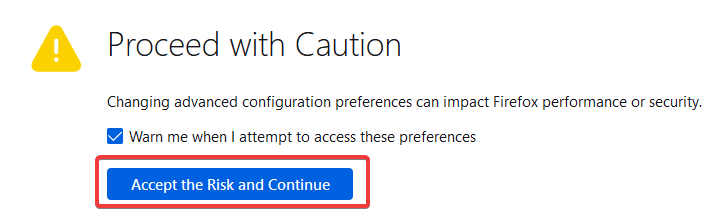 Предупреждение about:config в Firefox