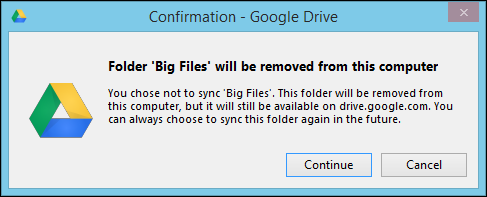 Снимок экрана: подтверждение удаления папки из локального хранилища Google Drive