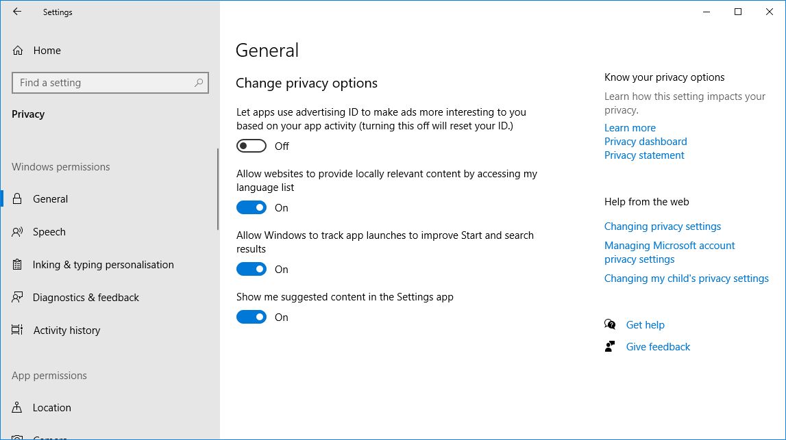 Общие параметры конфиденциальности в Windows 10