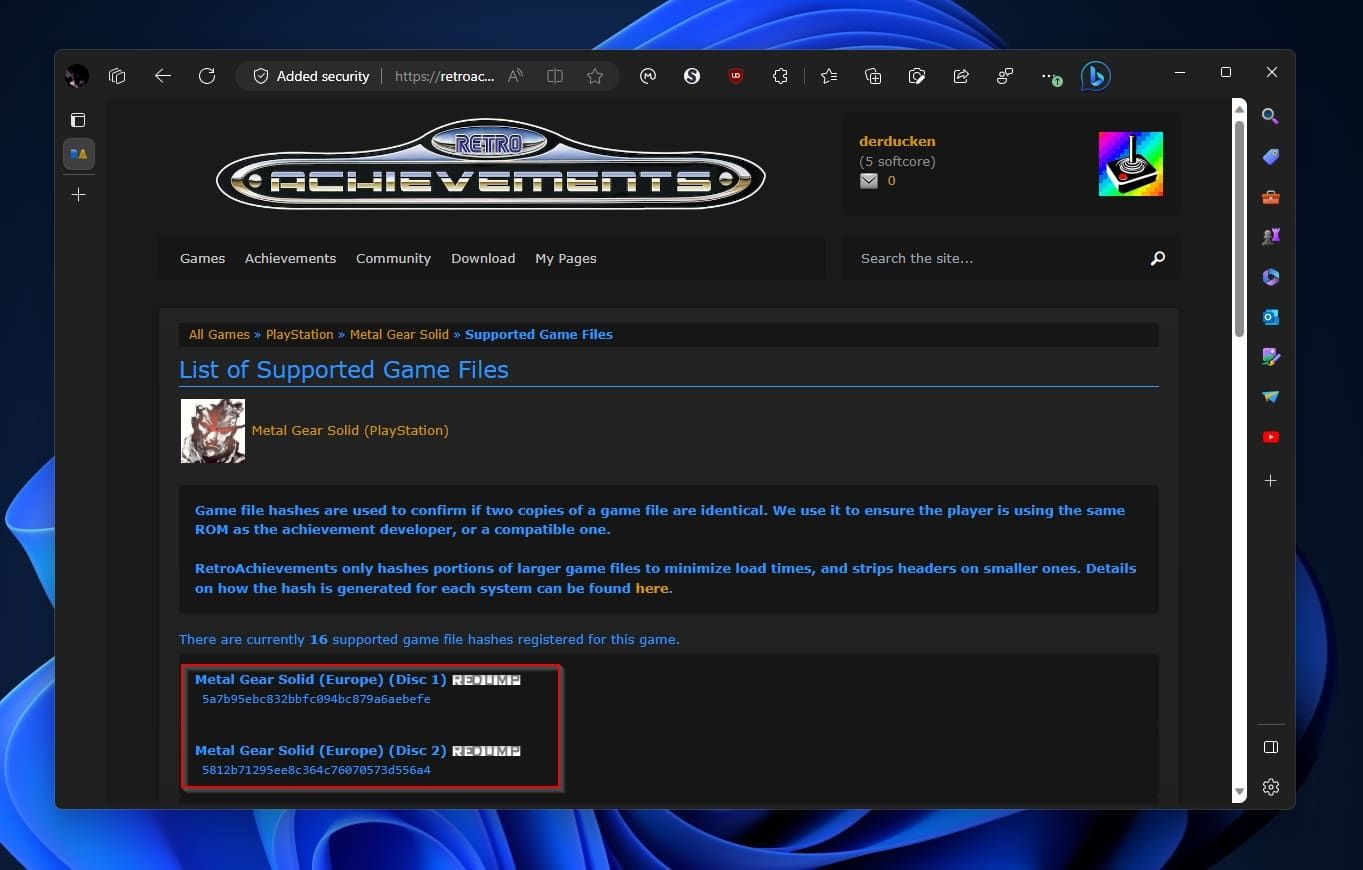 Список файлов и хэшей версии игры на RetroAchievements