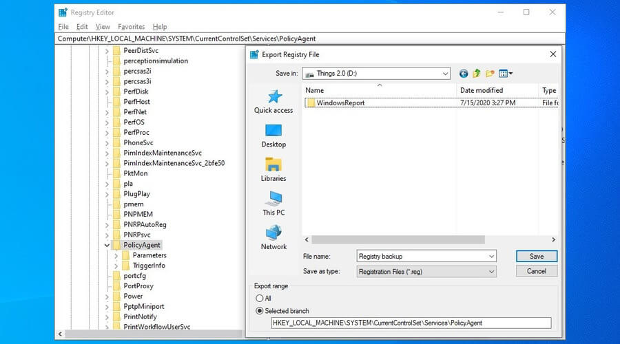 Снимок экрана: создание резервной копии реестра Windows перед изменениями