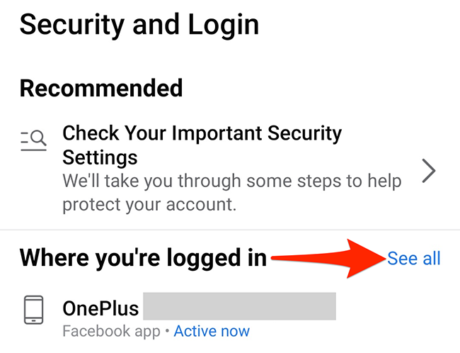 Нажмите «Просмотреть все» в секции «Где вы выполнены вход» приложения Facebook