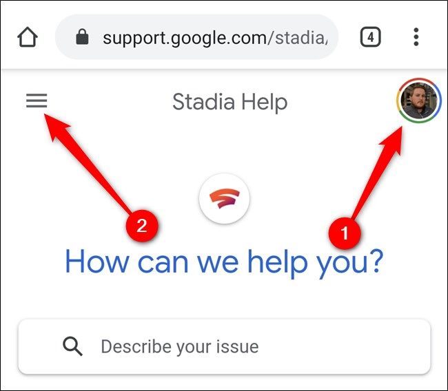 Войдите в аккаунт Google и откройте меню «гамбургер» в Stadia