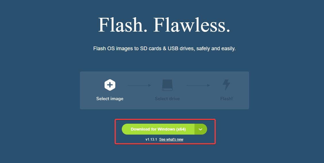 Сайт Balena Etcher — выбор загрузки для Windows
