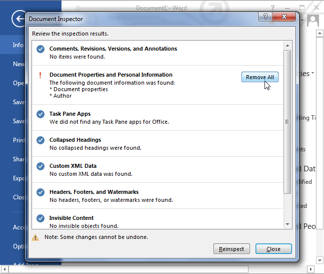 Удаление всех видов скрытой информации из документа Word 2013