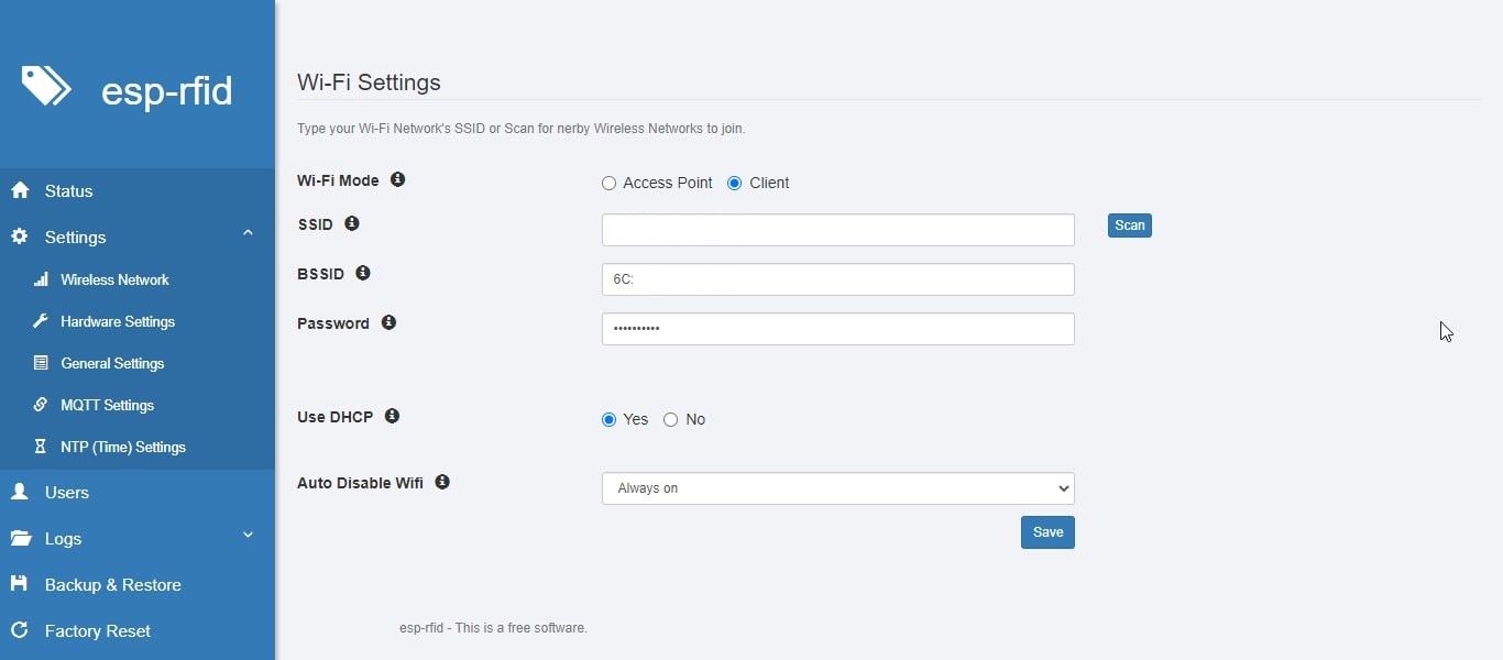 Настройка Wi-Fi в ESP-RFID: экран настроек точки доступа