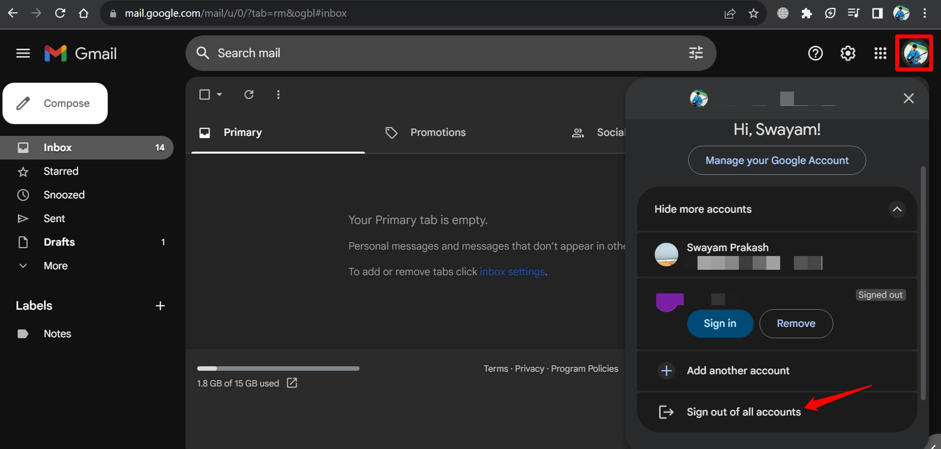 Экран выхода из аккаунта Gmail
