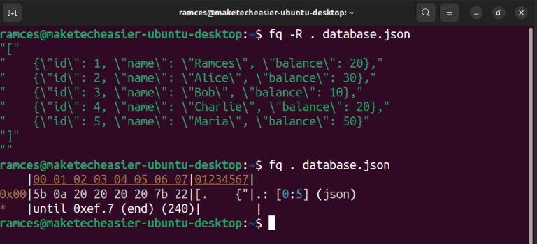 Терминал: fq читает файл базы
