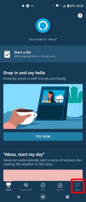 Выбор «Ещё» в приложении Alexa