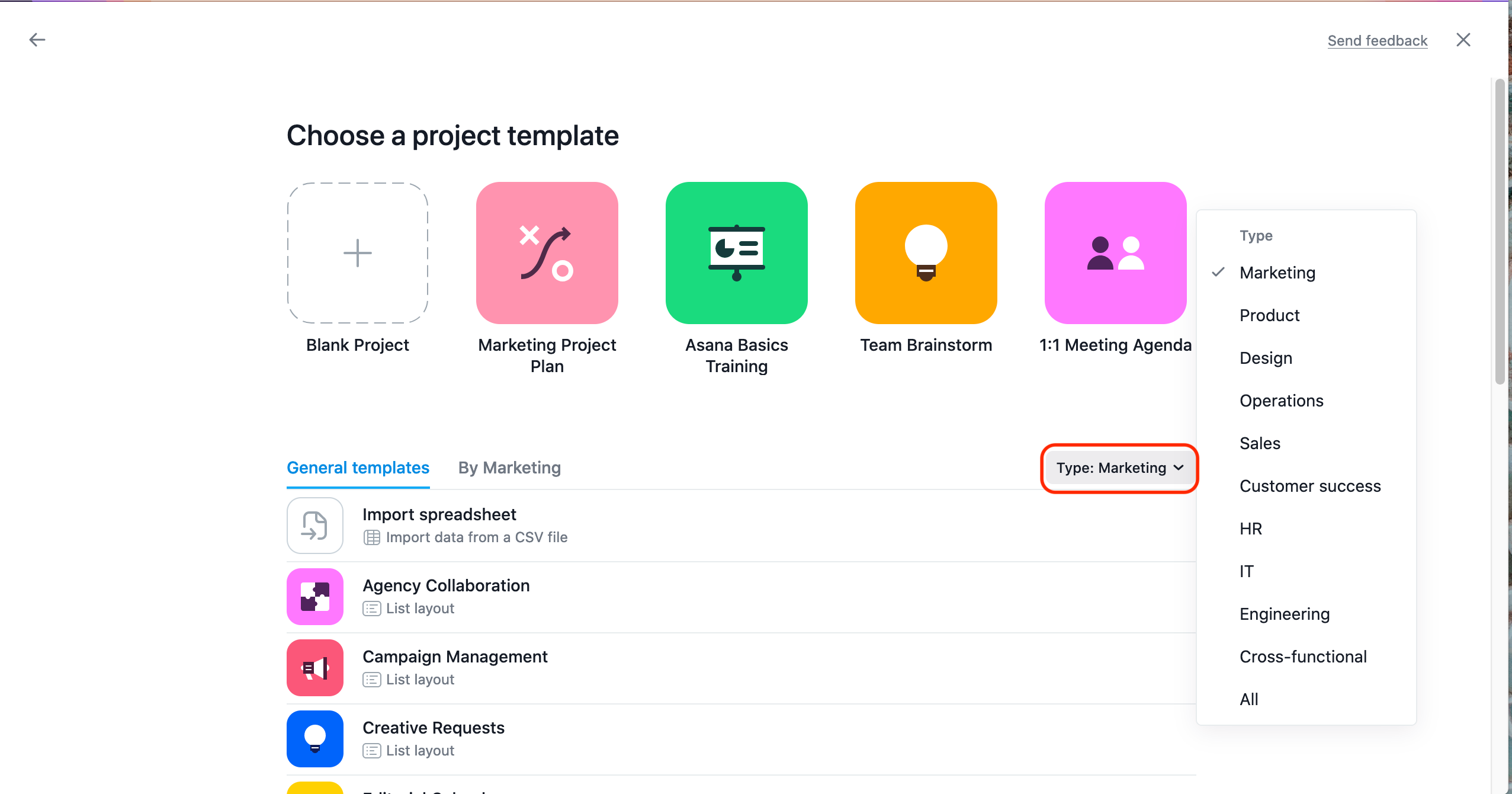 Выбор категории шаблонов Asana