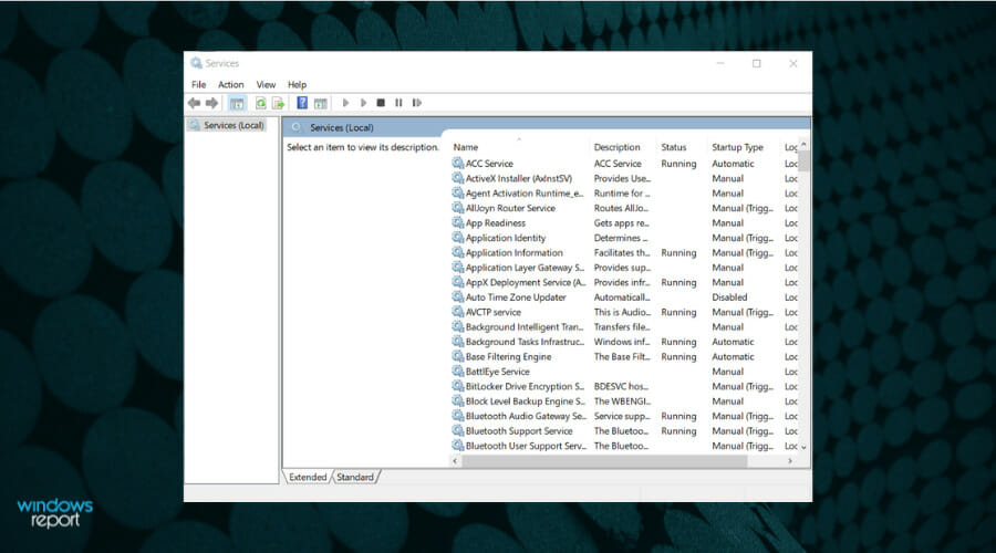 Список служб Windows в окне 'Службы'