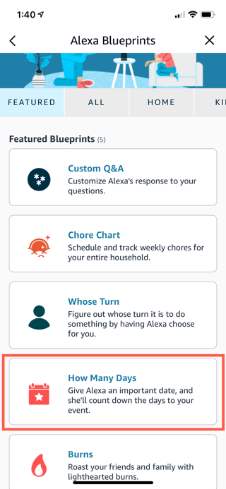 Шаблон How Many Days в списке Alexa Blueprints