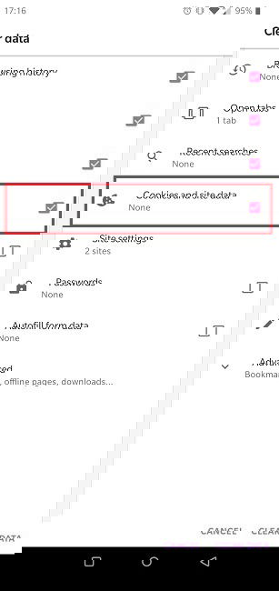 Выбор удаления cookie и данных сайтов в Opera