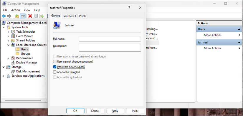 Диалог Свойства для локальной учётной записи в оснастке Локальные пользователи и группы