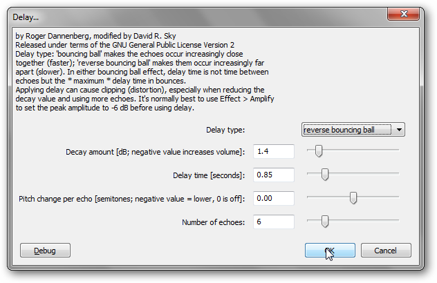 Настройки задержки (Delay) для реверс-эхо (скриншот)