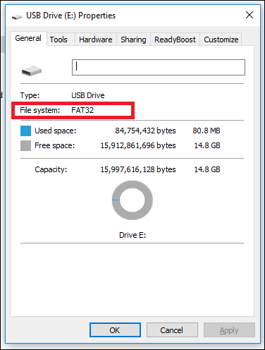 Показ типа файловой системы в свойствах диска Windows