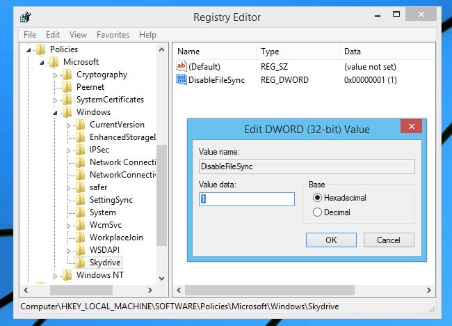 Редактор реестра: создание ключа Skydrive