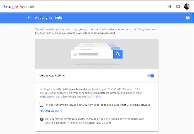 Отключение Web и активности в приложениях в Google