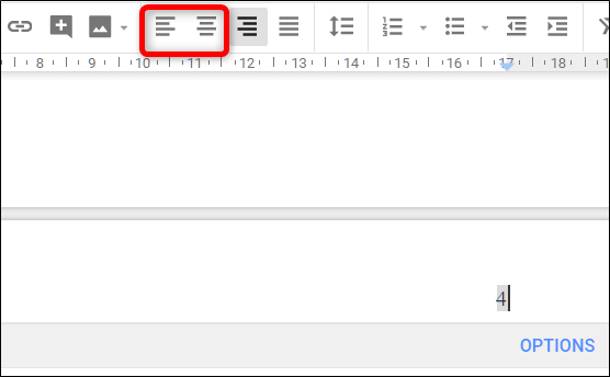 Параметры выравнивания в области заголовка и колонтитула Google Docs