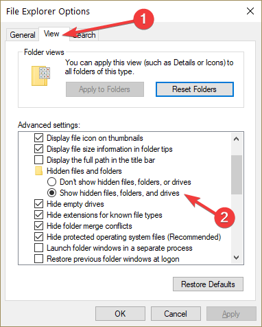 Параметр показа скрытых файлов и папок