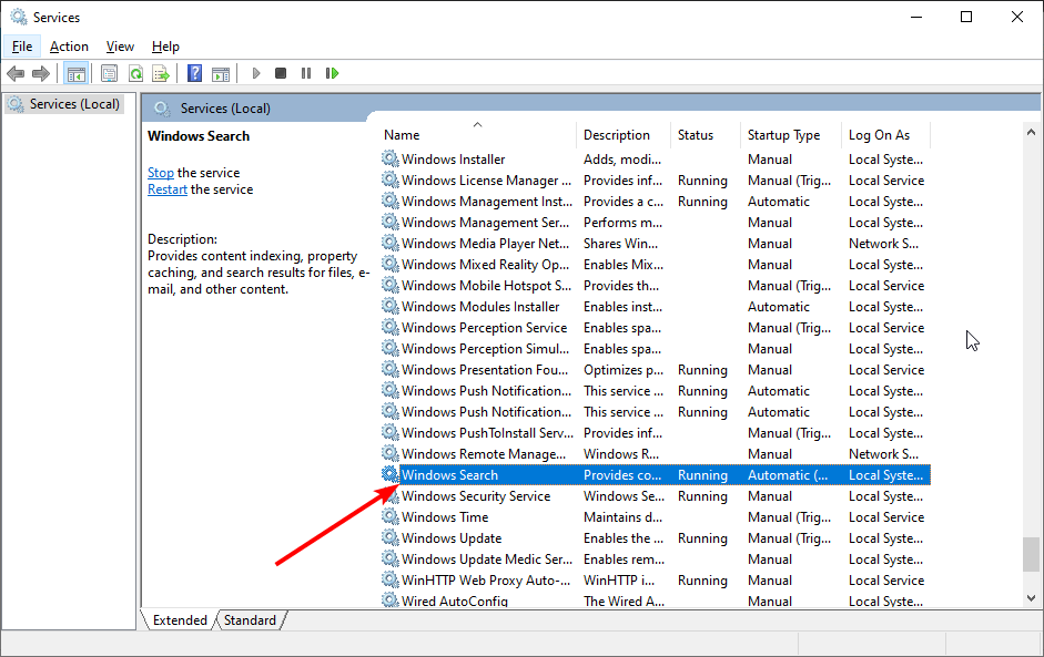 Свойства службы Windows Search