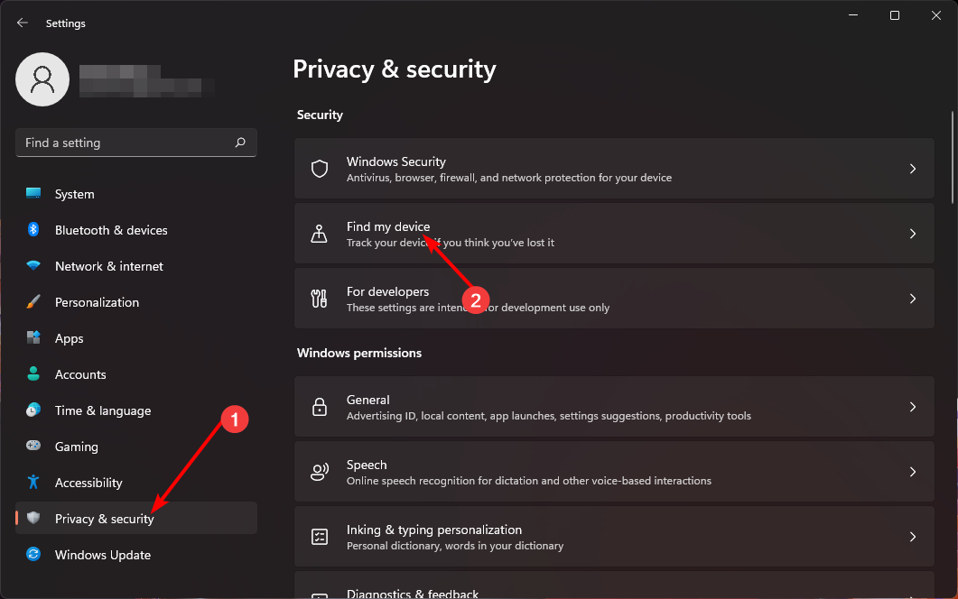 Параметр «Найти устройство» в списке конфиденциальности Windows 11