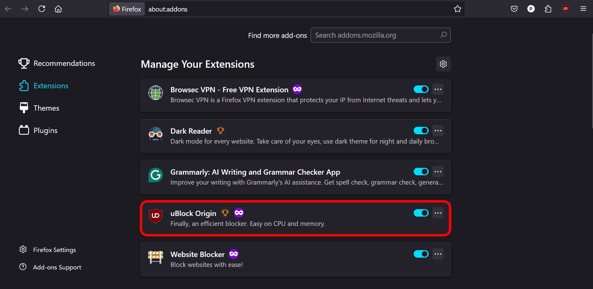 Habilitar uBlock Origin en Firefox