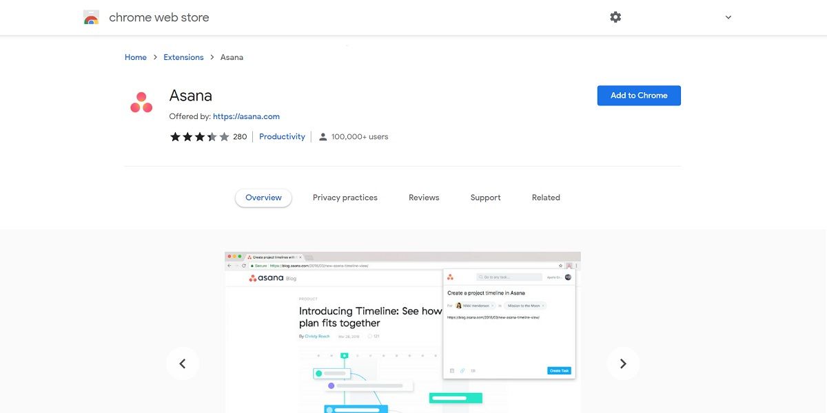 Страница расширения Asana в интернет-магазине Chrome