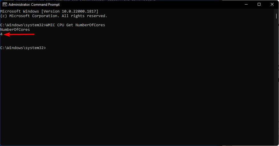 Вывод команды WMIC, показывающий NumberOfCores