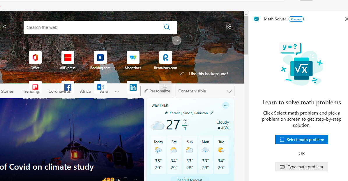 панель Math Solver в Microsoft Edge