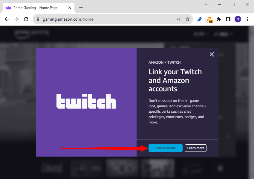 Окно подтверждения привязки аккаунтов Amazon и Twitch