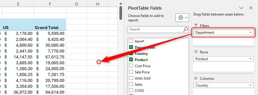Фильтр «Department» перетаскивают из панели полей в область вне панели, чтобы удалить его.