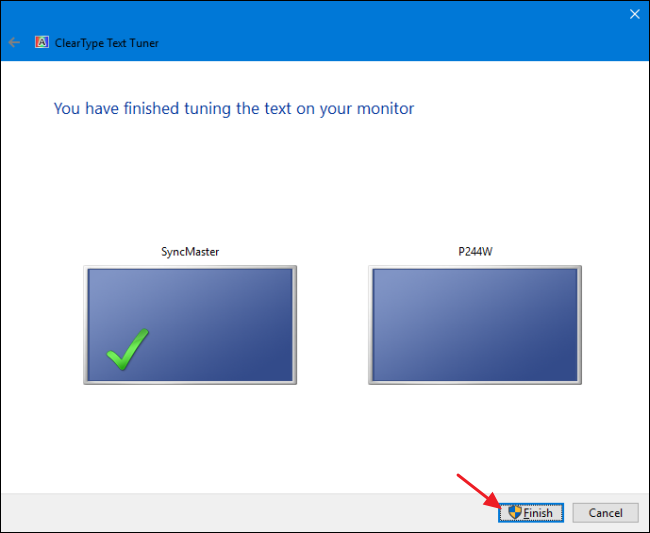 Завершение работы мастера ClearType: кнопка 