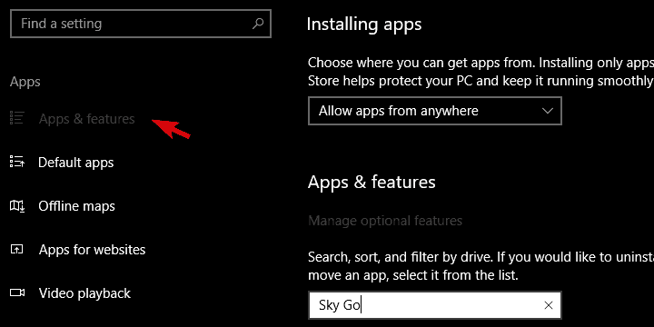 Удаление приложения Sky Go из списка приложений
