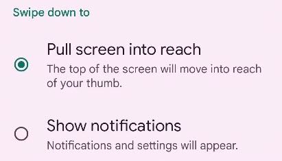 Опции режима одной рукой в модуле жестов Google Pixel: сдвиг экрана или открытие уведомлений.