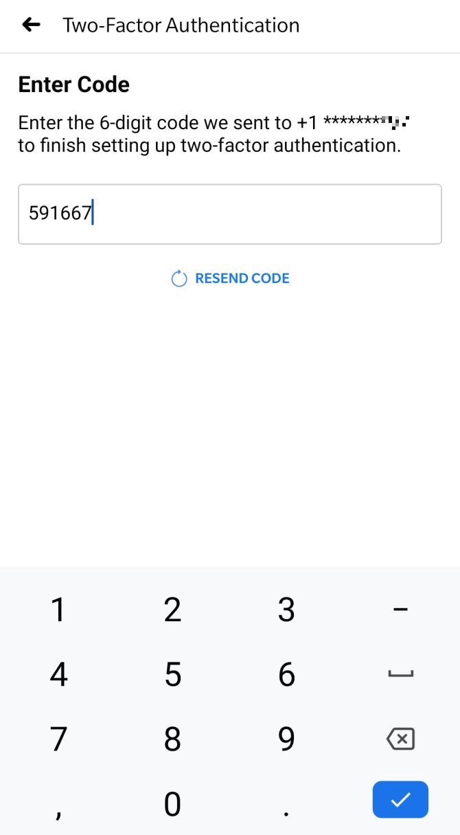 Ввод 6-значного кода подтверждения номера для 2FA