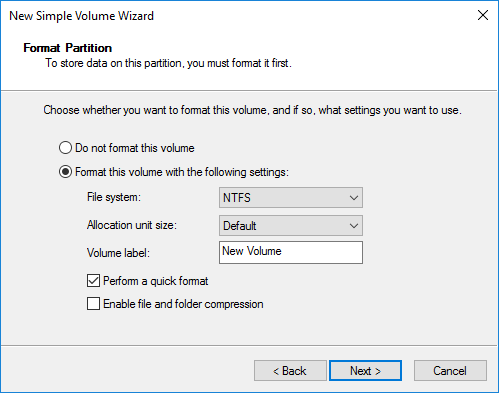 Opciones de formateo y sistema de archivos NTFS seleccionadas