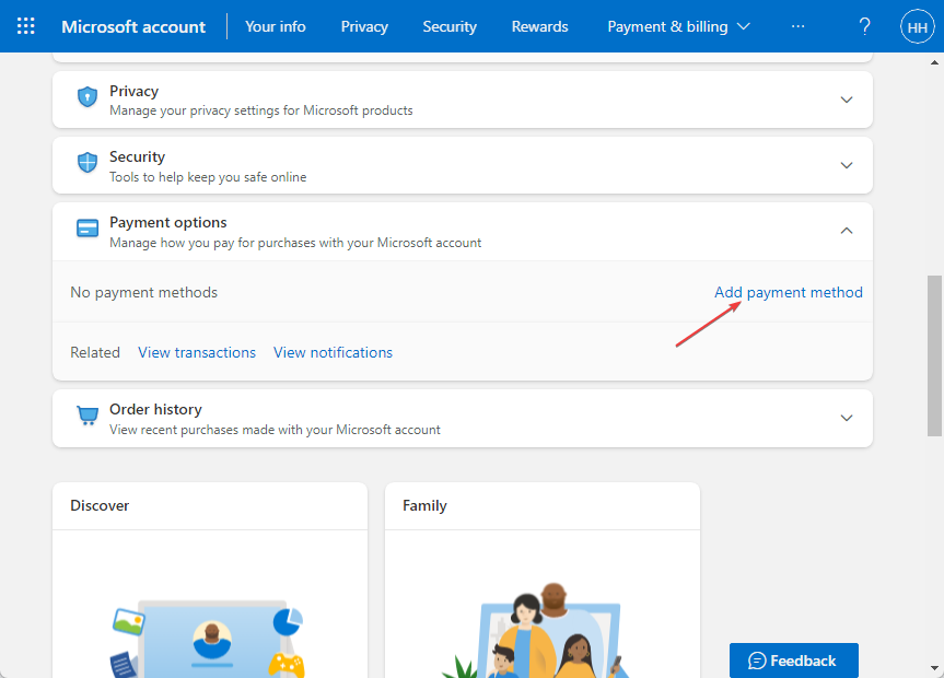 Форма добавления нового способа оплаты на сайте Microsoft