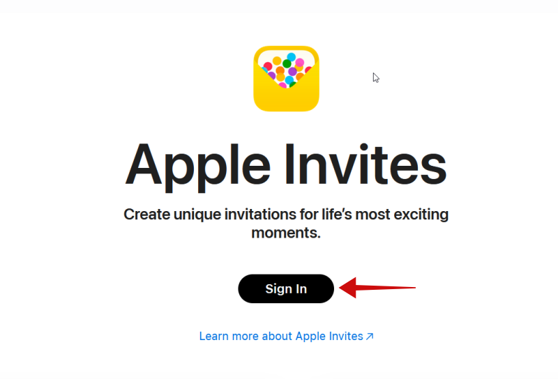 Нажатие кнопки Войти на веб‑странице Apple Invites.