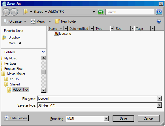 Сохранение файла mylogo.xml в папке AddOnTFX через Блокнот