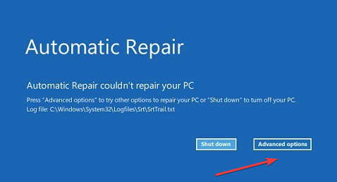 Панель Автоматического восстановления Windows с кнопкой Дополнительные параметры