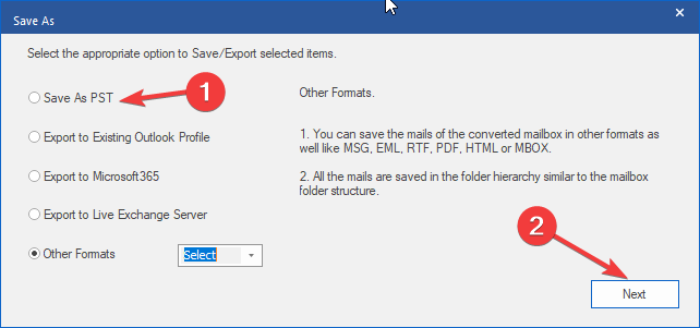 Fenêtre Save as proposant Save as PST et autres formats