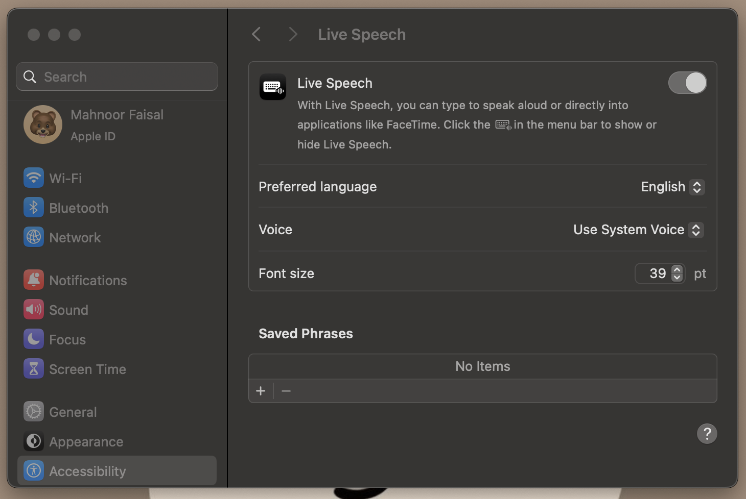live speech settings on macbook