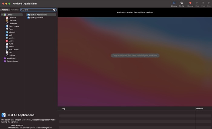 Поиск действия quit в Automator