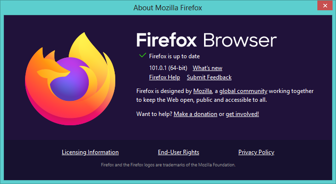 Окно подтверждения, что Firefox обновлён